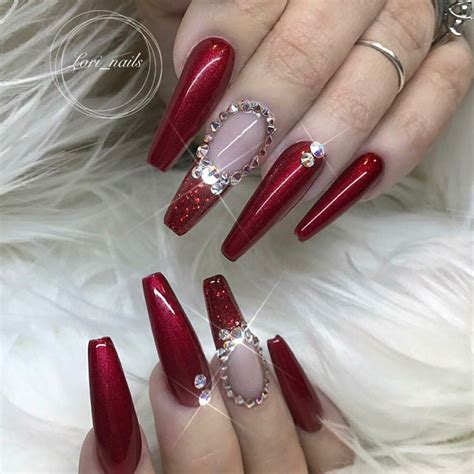 red acrylic nails|red acrylic nails with rhinestones.